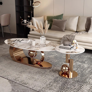 Juego de Mesa de Centro de Piedra Sinterizada de Mármol Moderno de Lujo de 2 Piezas con Marco de Acero Inoxidable Dorado, Muebles de Sala de Estar de Lujo Ligero - Product Image 4