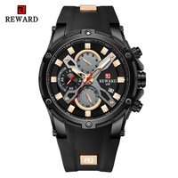 Montre de sport étanche pour homme REWARD83016 Chronographe à quartz à 6 aiguilles Fonction de date Bracelet en silicone simple Cadran en verre avec fenêtre