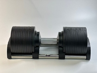 Haltères réglables par incréments de 1 kg et 2 kg, disponibles en kits de 24 kg, 28 kg, 32 kg, 36 kg et 40 kg.