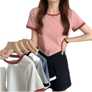 Camiseta de Verano 2025 Nueva, Sólida, con Cuello Redondo, Manga Corta, Bordada, Ajustada para Mujer - Product Image 1