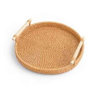 Plateau de service rond en rotin tressé avec poignées, panier de rangement pour fruits et pain, organisateur de petit-déjeuner pour la cuisine - Product Image 2