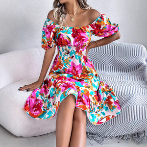 Primavera ed estate per il tempo libero fiori con colletto quadrato <span class=keywords><strong>A</strong></span> manica corta con rifiniture in vita <span class=keywords><strong>A</strong></span> linea gonna da donna - Product Image 2
