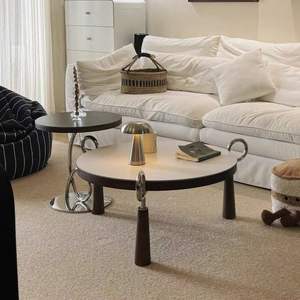 Minimalist Round Coffee <b>Table</b> Wood Top Metal Base Living Room Furniture Designer Modern Style <b>Set</b> - Product Image 3