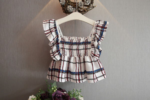 Produit chinois, chemise à carreaux à volants et pantalon, vêtements pour filles et enfants en 2 pièces - Product Image 3