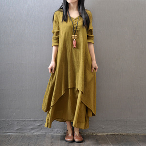 Women's Cotton <b>Linen</b> Dress White Solid Color Fake <b>Two</b> <b>Piece</b> Long Tea Ceremony Attire Plus Size MLXL2XL3XL4XL5XL - Product Image 2