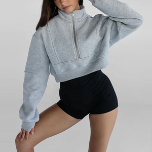 Nuova Collezione: Felpa Corta con Mezza Zip, Premium in Cotone Felpato Spesso, con Fori per i Pollici, Pullover con Cappuccio da <span class=keywords><strong>Donna</strong></span> - Product Image 4
