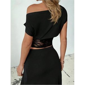 Women's <b>Off</b> <b>The</b> <b>Shoulder</b> <b>Lace</b> Crop <b>Top</b> Short Sleeve Bodycon Summer Outfit - Product Image 2
