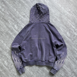 ผู้ผลิตเสื้อฮู้ดดี้ทรงครอปผ้าคอตตอนหนา 100% แบบซิป สไตล์สตรีทแวร์ ล้างสีแบบแอซิดวอช ทรงโอเวอร์ไซส์ ประดับคริสตัล ซิปแบบรูดขึ้น - Product Image 2