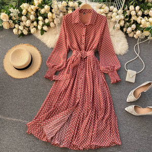 Vestidos Vintage de Diseñador Otoño 2026 para Mujer, Nueva Colección <span class=keywords><strong>en</strong></span> Oferta, Vestido de Gasa con Estampado de Puntos, Plisado, Manga Larga, Botones Decorativos - Product Image 4
