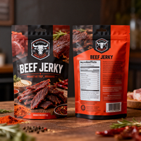 Bolsas Doypack Personalizadas con Cierre, Impresas Digitalmente en Negro y Naranja, de 150g, 250g y 300g, para Carne Seca de Cerdo y Res