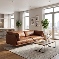 Sofá de Cuero Encerado al Aceite de Estilo Italiano Vintage Minimalista, Estilo de Mediados de Siglo, Línea Recta, Abrazo de Cuero Vacuno Genuino de Primera Capa, Arte para Sala de Estar