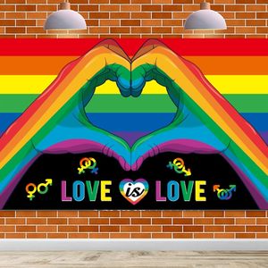 Love Is Love LGBT Rainbow Pride <span class=keywords><strong>Month</strong></span> Backdrop Buatan Tangan Berbentuk Hati Warna-warni Latar Belakang Pesta Lesbian Gay Spanduk Pesta Dapat Disesuaikan - Product Image 1
