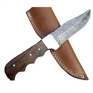 Cuchillo de Hoja Fija para Exteriores, Acero de Damasco, Mango de Madera, Punta Caída, Cuchillo de Caza con Funda de Cuero - Product Image 1