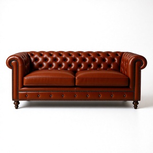 Sofá Chesterfield de Dos Plazas en Cuero Genuino Vintage |   Sofá Plegable Europeo Hecho a Mano en Color Marrón Cognac, Estilo Moderno de Mediados de Siglo para Sala de Estar - Product Image 1
