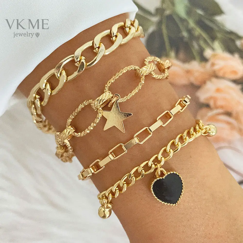 VKME Punk Thick Cuban Link Chain Star Heart Bracelets Set Gold Plated Chunky Charm Bracelets Bangles Women Fashion Jewelry