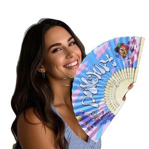 Abanico Plegable de Bambú con Tela Impresa Personalizada, Abanico de Mano Portátil para Promociones, Diseño Pintado - Product Image 1