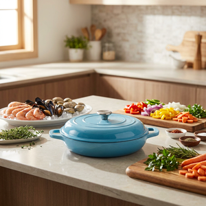 Marmite à fruits de mer <span class=keywords><strong>en</strong></span> <span class=keywords><strong>fonte</strong></span> émaillée de 30 cm |   Casserole plate <span class=keywords><strong>en</strong></span> <span class=keywords><strong>fonte</strong></span> avec couvercle |   Ustensiles de cuisine robustes compatibles induction - Product Image 2