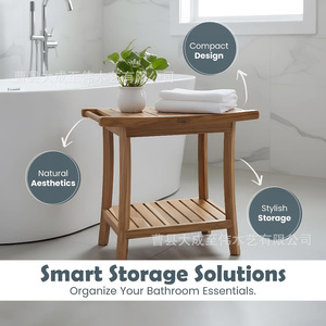 Tabouret de salle de bain en teck avec étagère pour rangement sous la douche et porte-serviettes, banc en bois multifonctionnel - Product Image 4