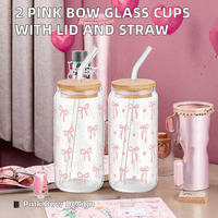 Lot de 2 verres roses avec nœud, couvercle en bambou et paille – Gobelets réutilisables pour boissons froides et chaudes – Idéal pour la maison ou comme cadeau