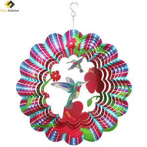 12 inch Outdoor Garden 3D Metal Wind Catcher Magical Kinetic Hanging Hummingbird Spiral Wind Sculptures Spinner Hummingbird