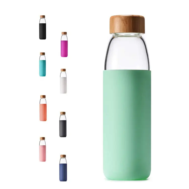 BPA Kaca Borosilikat Bebas Bpa Free18 Oz Botol Air Ramah Lingkungan Aman Pencuci Piring dengan Tutup Bambu dan Sarung Pelindung