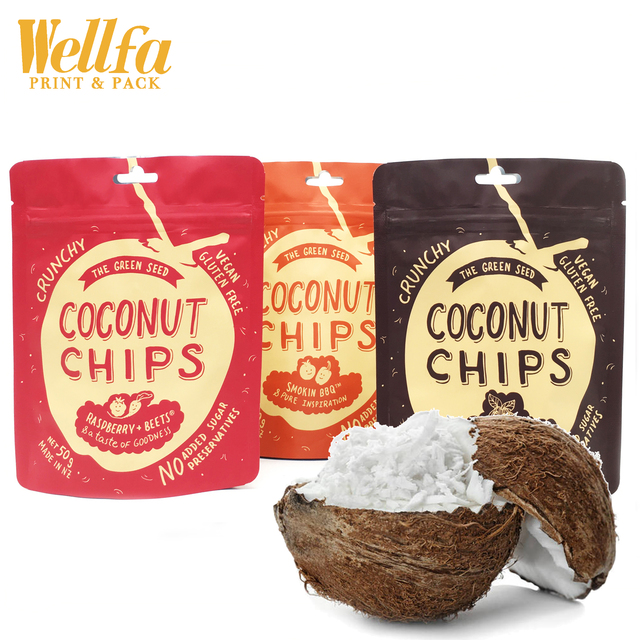 Factory Customized OEM LOW MOQ 500PCS Digital Print Stand up Coconut  Snack Zipper Bag Matte Printed Foil Coconut Chips Pouch