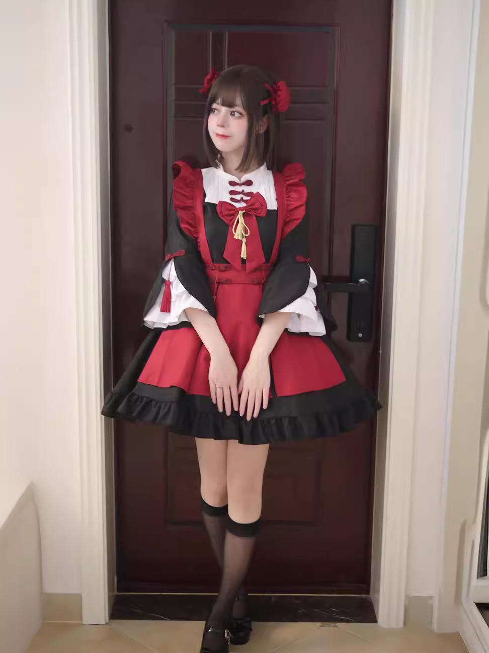 red and black maid dress Apron French Maid Solid Black with Red Double Circle Skirt Retro Full Apron