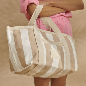 Borsa Tote in Tela a Righe con Logo Ricamato Personalizzato, Tasca Frontale, Oversize per lo Shopping - Product Image 5