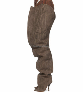 Bottes unisexe femme en jean marron non extensible, à talon aiguille, montantes au-dessus du genou, à jambe large, effet froissé - Product Image 1