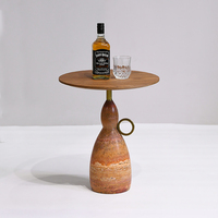 Table d'appoint ronde en bois avec plateau en travertin, petite table basse, table d'appoint pour salon, décoration pour bureau ou salon