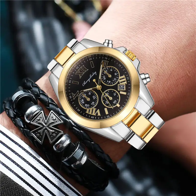 Relógio gratuito BOX Relógios masculinos em aço inoxidável Relógio com data comercial Conjunto de relógios de pulso de quartzo esportivos de luxo para homens