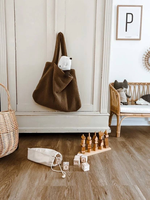 Sac fourre-tout en polaire doux brodé couleur unie pour femme, avec fermeture éclair, idéal pour le quotidien et les activités de plein air, sac à suspendre pour poussette - Grande Vente