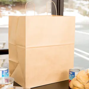 Пищевой одноразовый, защищенный от смазки, крафт-бумажный пакет с плоской ручкой, на заказ, для переноски, коричневые бумажные пакеты для еды