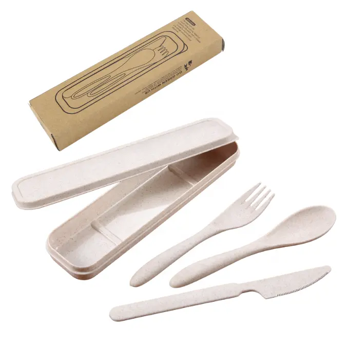 Reusable Wheat Straw Spoon Fork Knife Set Travel Camping Plastic Cutlery with Case