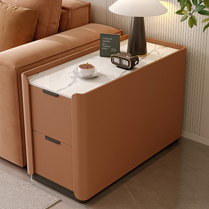 Meuble d'appoint moderne en bois massif avec plateau en pierre, 2 tiroirs et étagères, durable, pour appartement, salon, chambre, rangement, <span class=keywords><strong>canapé</strong></span> d'angle/table basse - Product Image 6