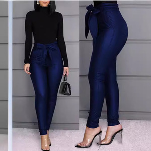 Pantalons pour femmes, leggings tendance, nœud décoratif, skinny, taille haute, couleur unie, cuir mat, pantalon rouge vin, noir, <span class=keywords><strong>PU</strong></span> - Product Image 2