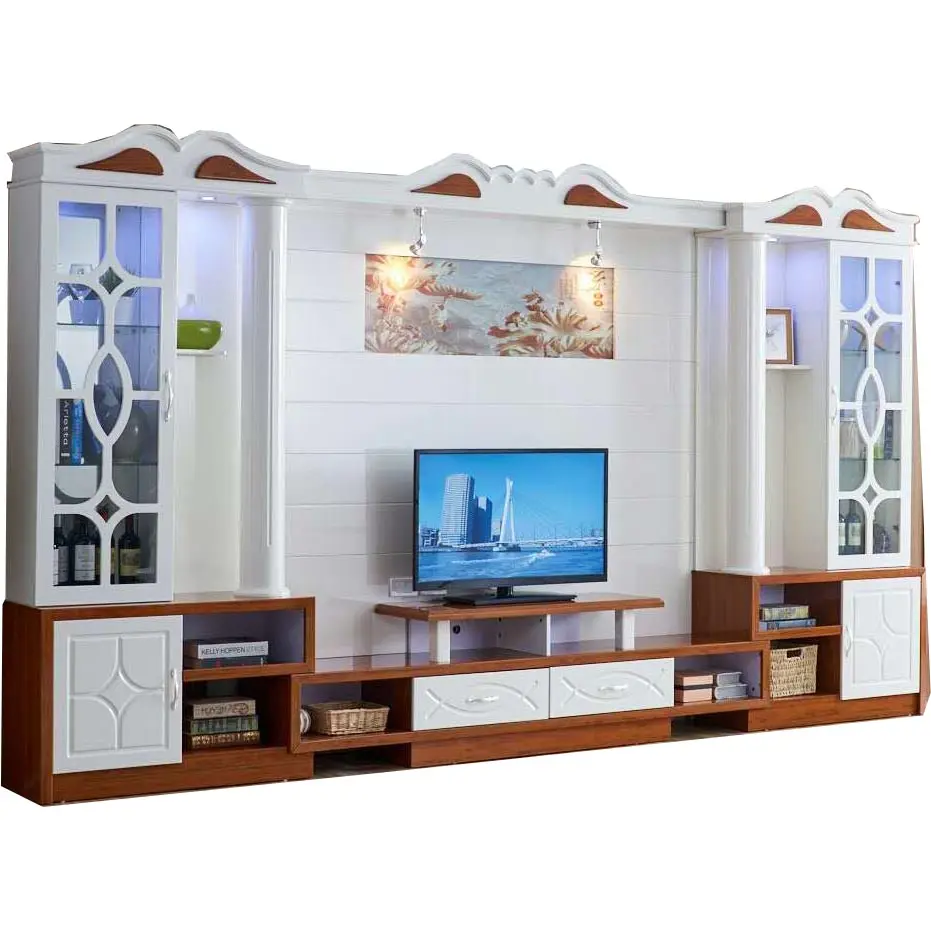 Diskon besar kabinet ruang tamu desain Amerika mewah dengan casing pertunjukan kabinet Tv 75 inci