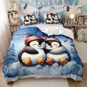 Ensemble de housse de <span class=keywords><strong>couette</strong></span> moderne en forme de <span class=keywords><strong>pingouin</strong></span> de dessin animé imprimé en 3D, 100% polyester, écologique, personnalisable, ensemble de literie pour la maison en trois pièces - Product Image 1