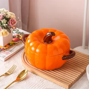 Fine Porcelain Tableware Japanese Style Ceramic Pumpkin Shape Bowl Binaural Baking Orange Soup Bowl With Lid