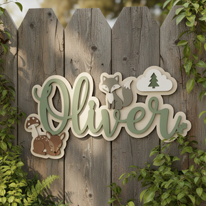 Plaque nominative en bois d'animaux de la forêt, décoration murale en bois sur mesure, 2D double couche, vert sauge, décoration durable - Product Image 5