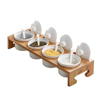 Pot à épices à grille unique vente en gros étagère en bois boîte d'assaisonnement de comptoir de cuisine pot à épices vide en céramique blanche avec support en bambou