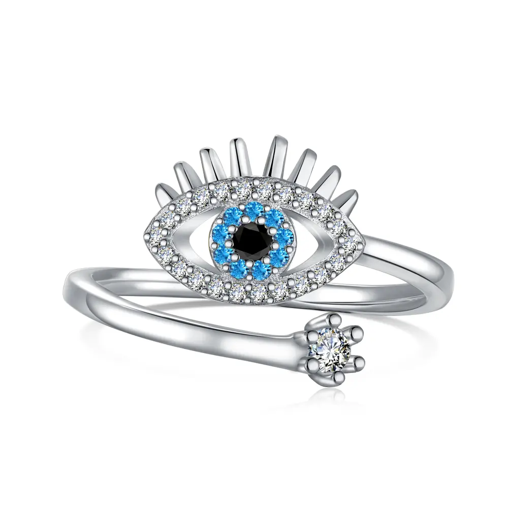 Dylam แหวนตาสีน้ำเงินชั่วร้ายปรับได้,แหวนเซอร์โคเนีย S925ลูกบาศก์แบบตุรกีสีฟ้าไพลินคุ้มครองเงิน5A สำหรับผู้หญิง