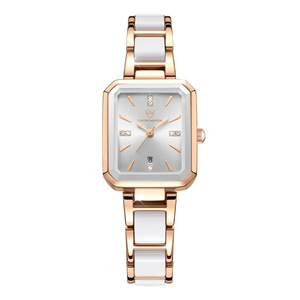 Montre carrée en alliage Cavendenson pour femme, verre or rose, bracelet blanc, date automatique, fermoir caché, légère, mode, quartz, 27 mm - Product Image 1