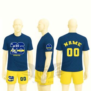 Conjunto de Camiseta y Pantalones Cortos de Fútbol del Curaçao, Uniforme de Fútbol Azul y Amarillo, Personalizable con Nombre y Número - Product Image 2