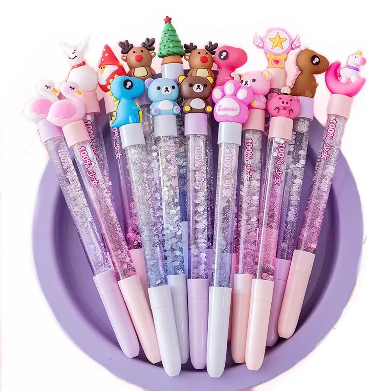 Stylo gel à paillettes liquide flottant coloré pour fille, dessin animé rose coréen mignon cadeau promotionnel créatif