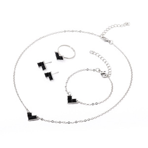 Geometric Jewelry <b>Set</b> 925 <b>Silver</b> Rhodium Plated Black Princess Cut Stones Minimalist Women's Everyday Wear <b>Necklace</b> Earrings - Product Image 2
