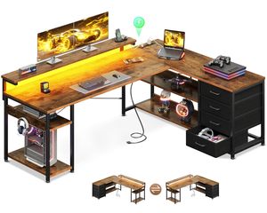 Bureau d'ordinateur en forme de L, surface en bois, structure métallique avec tiroirs et étagères de rangement pour le bureau à domicile - Product Image 1
