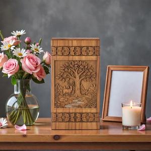Premium Solid Wood Funeral Urn with Elegant Tree Carving | Handmade <b>Memorial</b> <b>Keepsake</b> Urn <b>Box</b> For Human Ash - Product Image 1