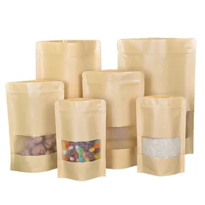 Niedriges MOQ benutzerdefinierte braune und weiße handwerks-papier-standbeutel für lebensmittelverpackung reißverschlussbeutel mit fenster