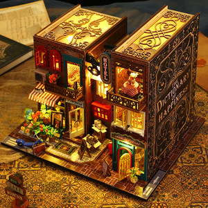 Mayorista: Rincón de lectura de madera estilo calle europea vintage DIY, modelo de <span class=keywords><strong>casa</strong></span> de muñecas con escena de <span class=keywords><strong>libro</strong></span> retro 3D, regalo de decoración para el hogar hecho a mano - Product Image 1